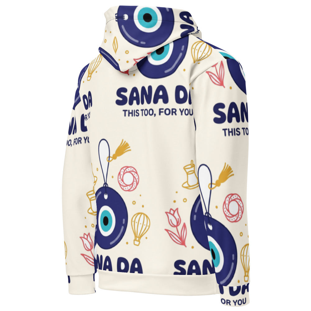 Sana Da All-Over Print Recycled Unisex Hoodie, Roots & Talks - Right Back