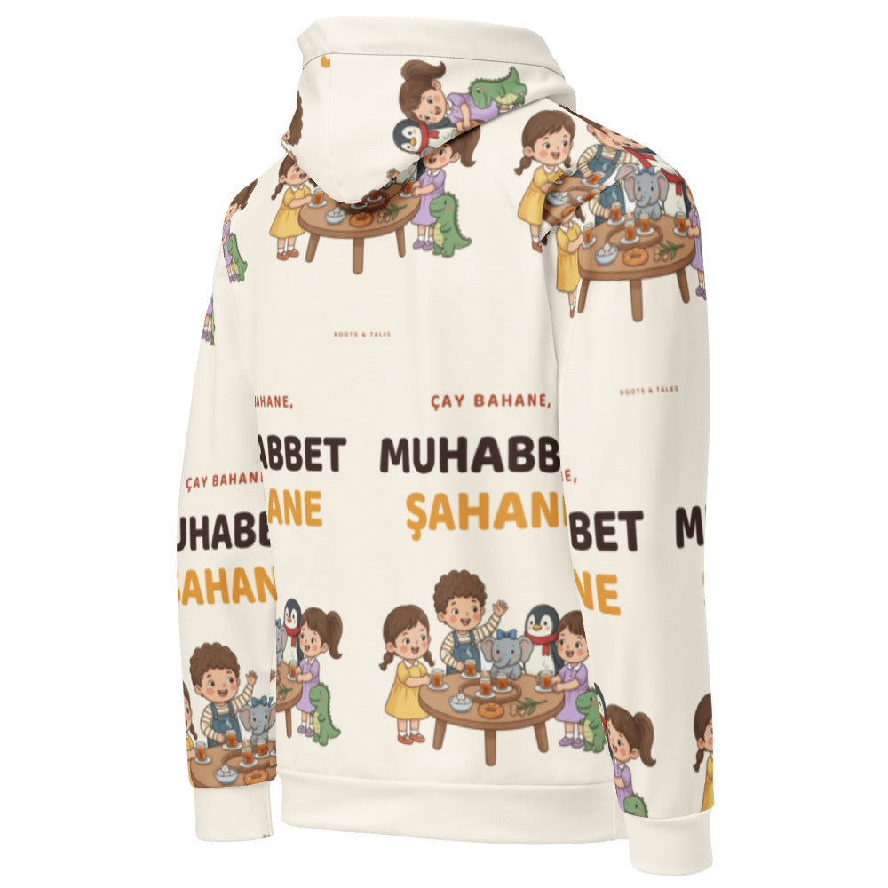 Çay Bahane, Muhabbet Şahane All-Over Print Recycled Unisex Hoodie, Roots & Talks - Right Back
