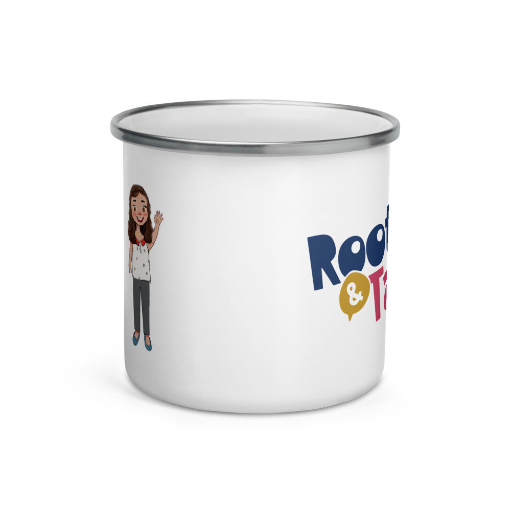 Defne Character Enamel Camp Mug, 12 oz, Roots & Talks - Front