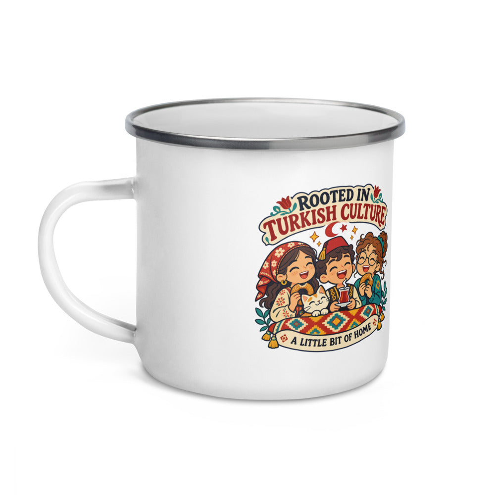 Rooted in Turkish Culture Enamel Camp Mug, 12 oz, Roots & Talks - Left