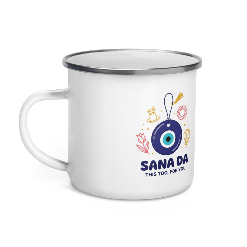 Sana Da Enamel Camp Mug, 12 oz, Roots & Talks - Left