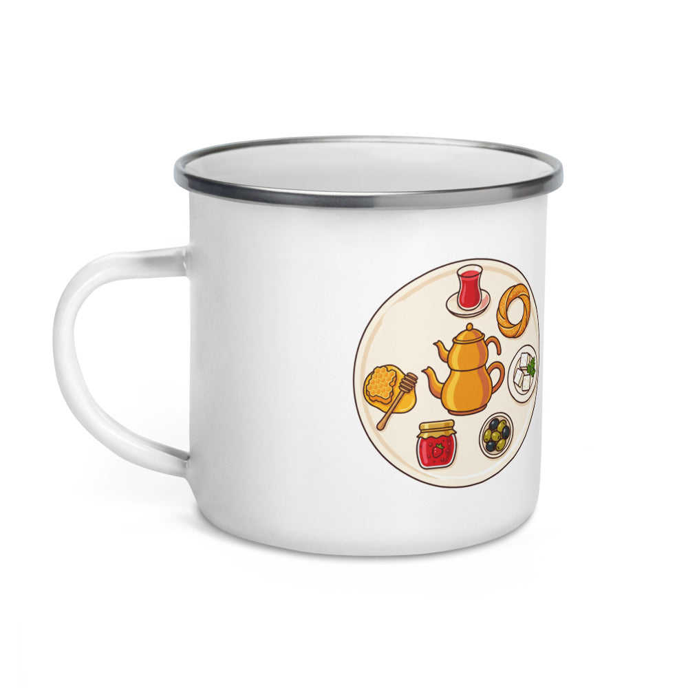 Turkish Breakfast Table Enamel Camp Mug, 12 oz, Roots & Talks - Left