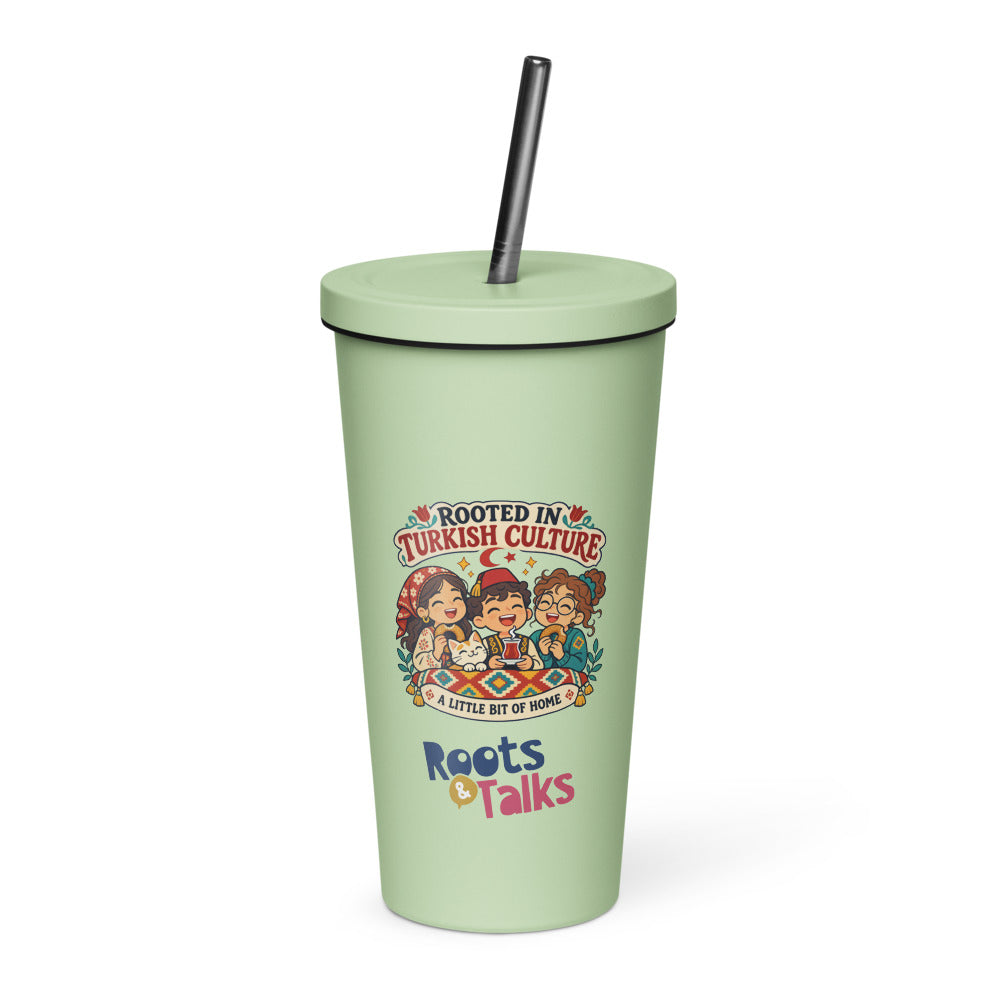 Rooted in Turkish Culture Insulated Tumbler with Straw, 20 oz, Roots & Talks - Mint