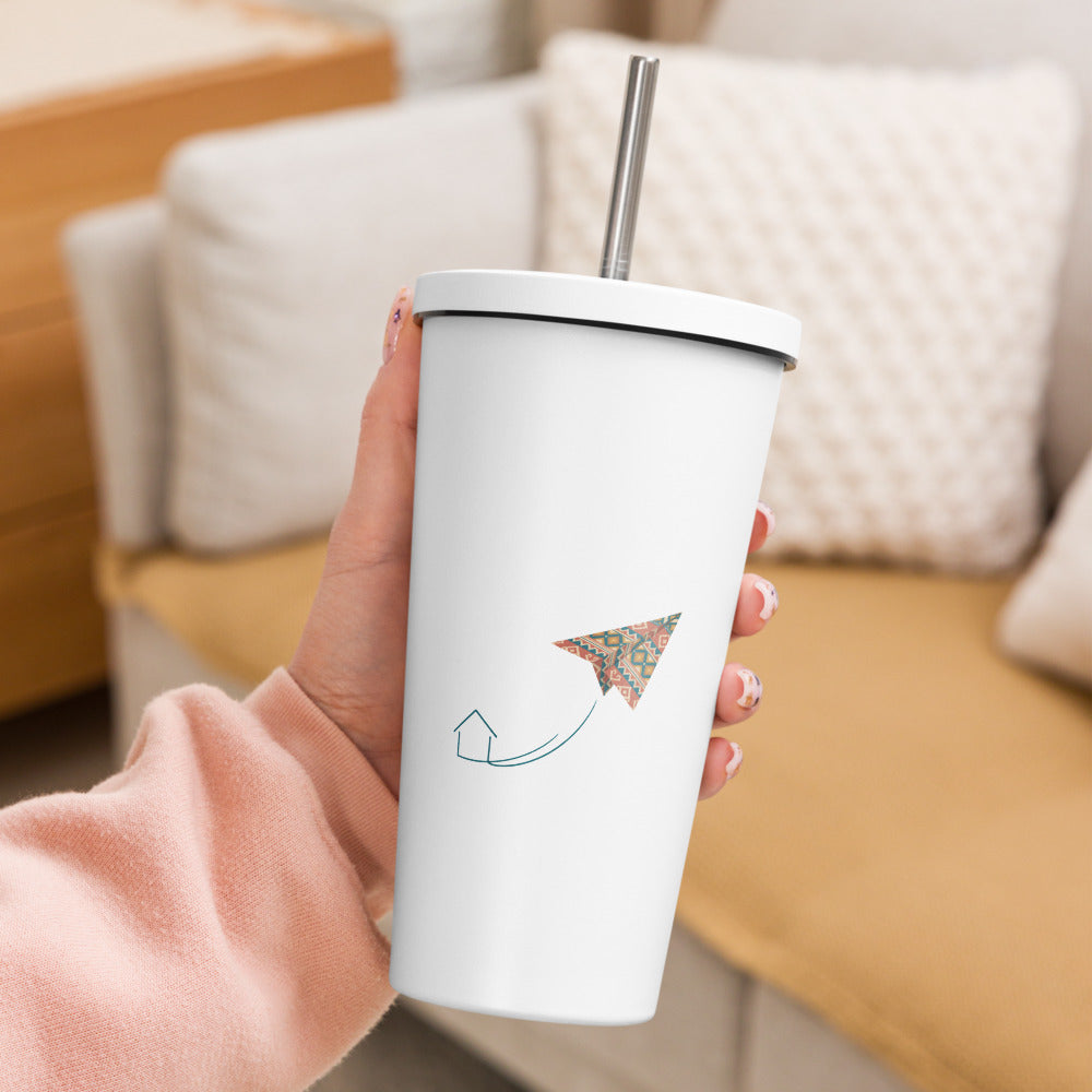 Kilim Flight Insulated Tumbler with Straw, 20 oz, Roots & Talks - lifestyle photo 2