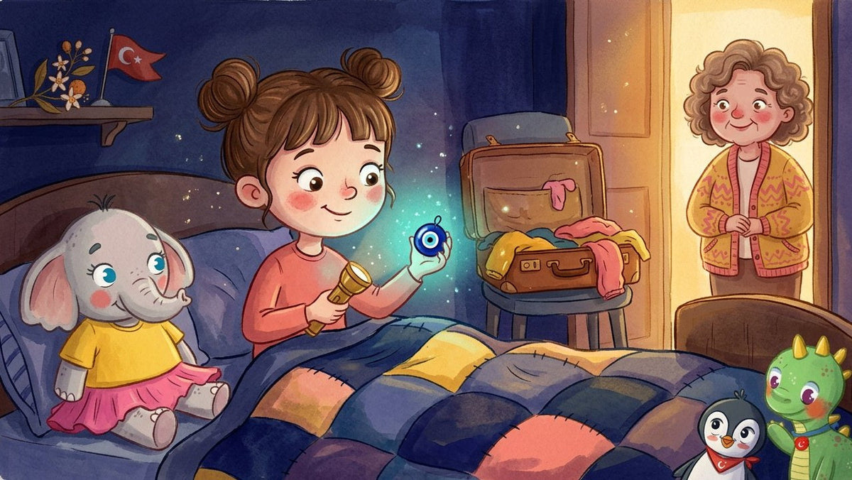 A girl in bed holds a glowing blue nazar bead and a flashlight while her grandmother smiles from the doorway