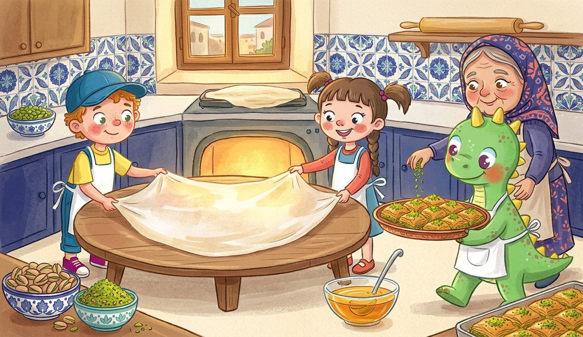 Two children, a dinosaur and a grandmother stretch thin dough in a baklava kitchen with blue tiles