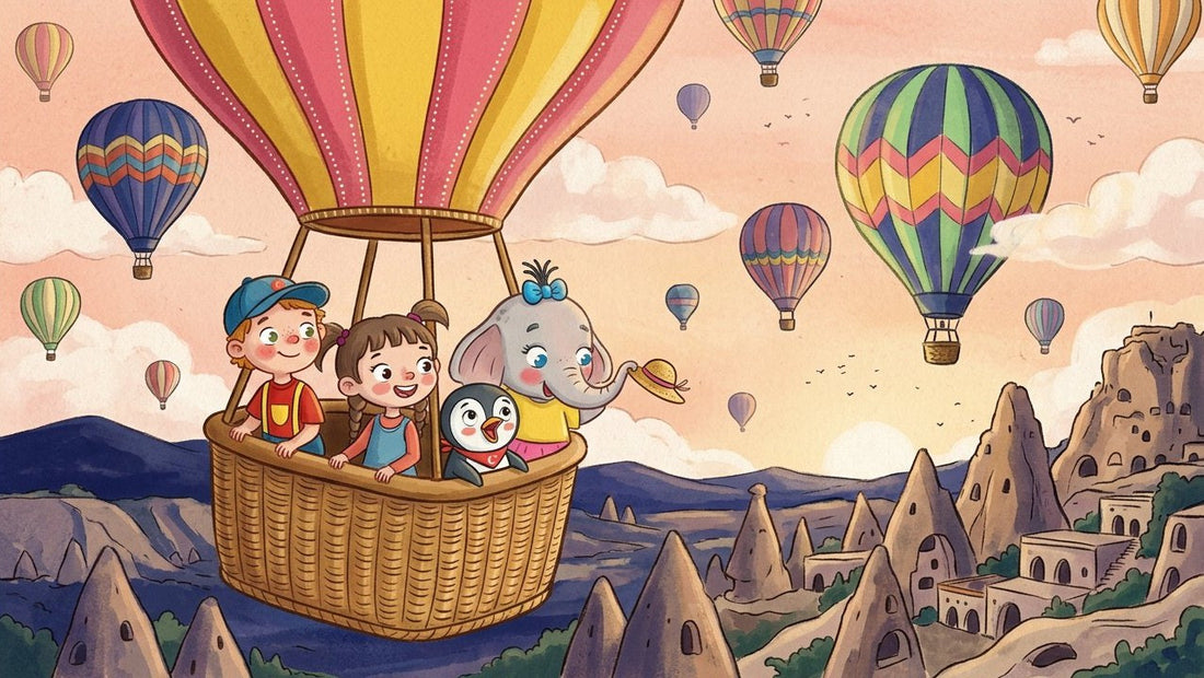 Two children, an elephant and a penguin float in a hot-air balloon basket over the rock valleys of Cappadocia