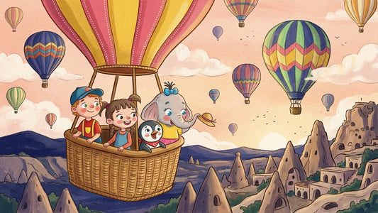 Two children, an elephant and a penguin float in a hot-air balloon basket over the rock valleys of Cappadocia