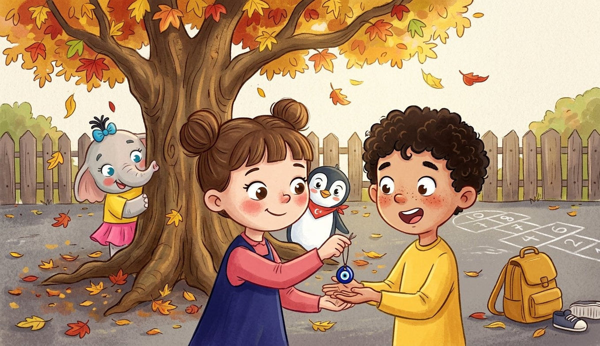 A girl hands a small blue bead to a new boy in a school yard under an autumn tree while an elephant and a penguin watch