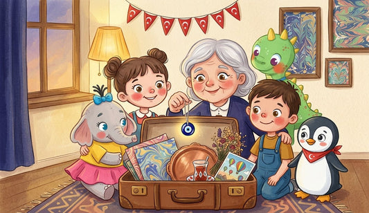 A grandmother holds a glowing blue bead above an open suitcase while two children, an elephant, a dinosaur and a penguin look on