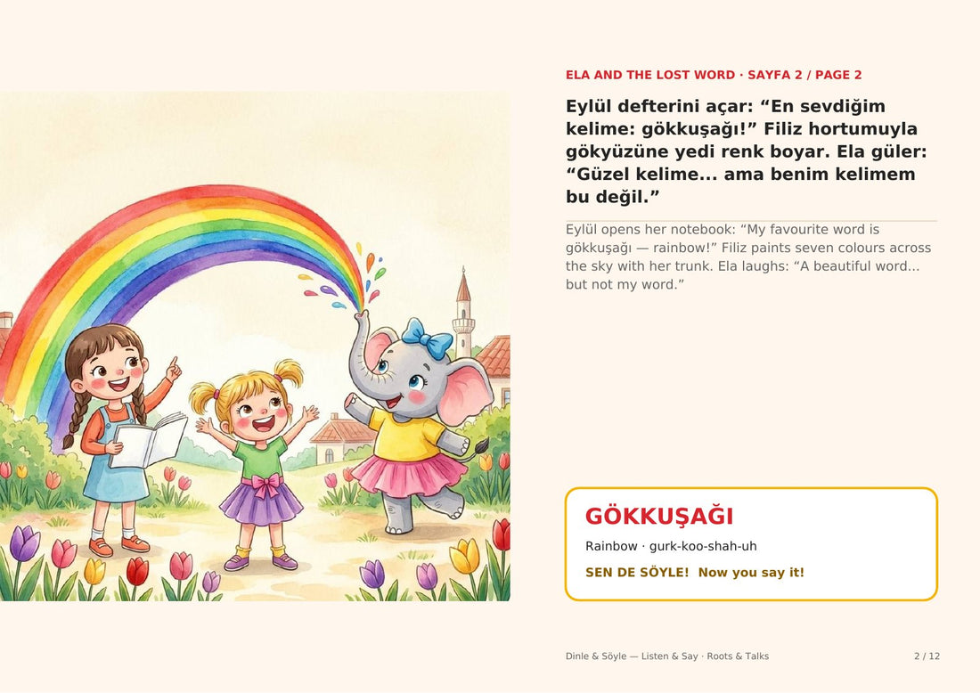 Eylül holds her word notebook while Ela cheers and Filiz the elephant paints a rainbow with her trunk