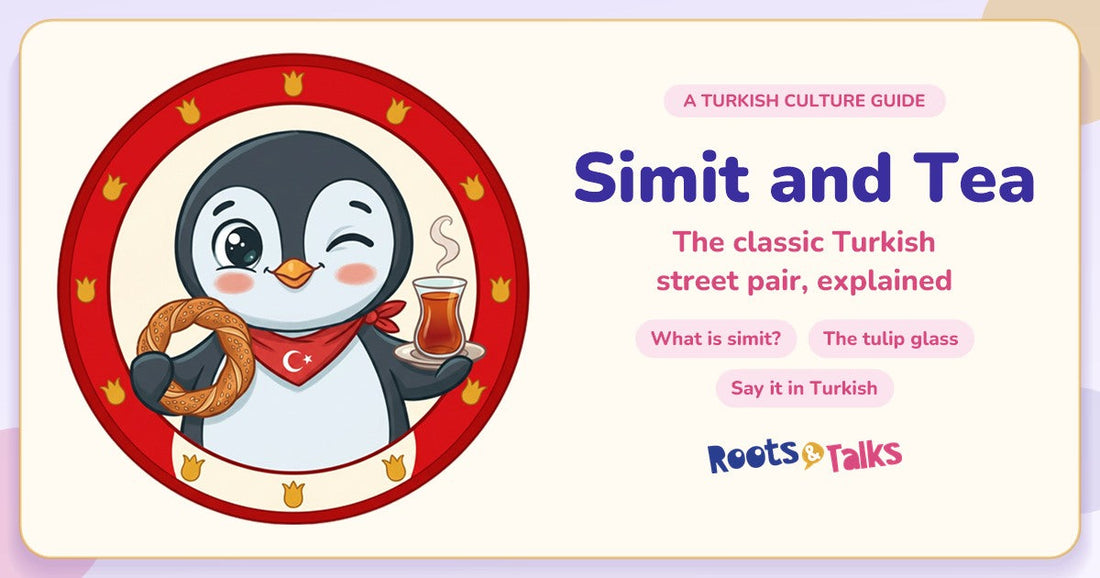 Winking penguin in a red scarf holding a simit and a glass of Turkish tea inside a round red badge with gold tulips, next to the words Simit and Tea