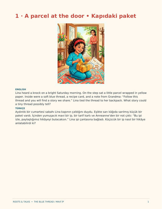 A girl with a red headband opens a small parcel tied with a blue thread while her mother smiles at the door