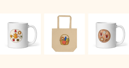A Turkish Breakfast Table mug, a Picnic Basket tote bag and a Room on Our Tray mug side by side