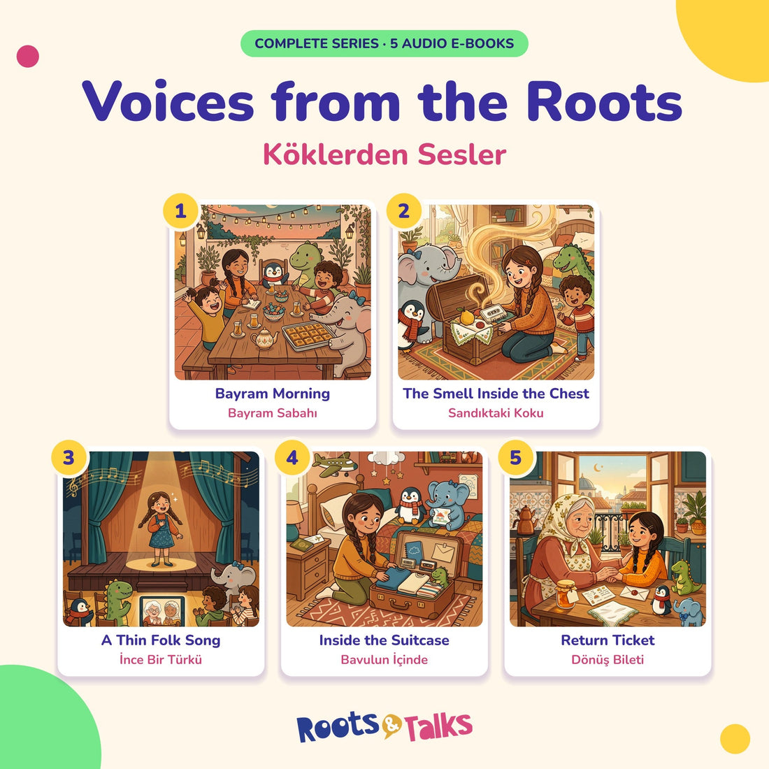 Cover of the Voices from the Roots series showing five illustrated audio e-book chapters with the Roots & Talks characters