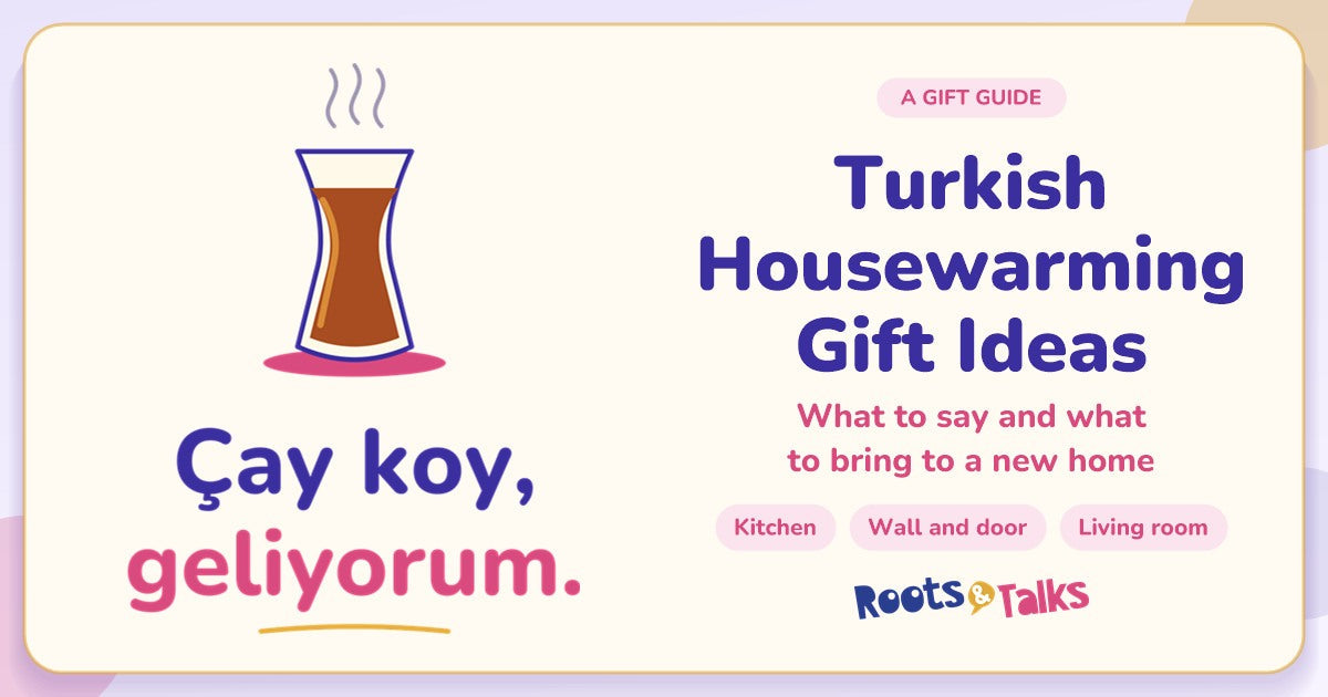Turkish tea glass on a pink saucer beside the title Turkish Housewarming Gift Ideas, with the labels kitchen, wall and door, and living room