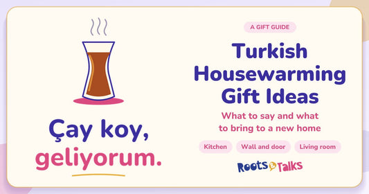 Turkish tea glass on a pink saucer beside the title Turkish Housewarming Gift Ideas, with the labels kitchen, wall and door, and living room