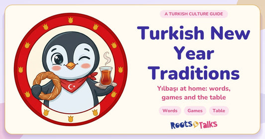 Penguin in a red scarf holding a simit and a tea glass inside a round tulip badge, beside the title Turkish New Year Traditions