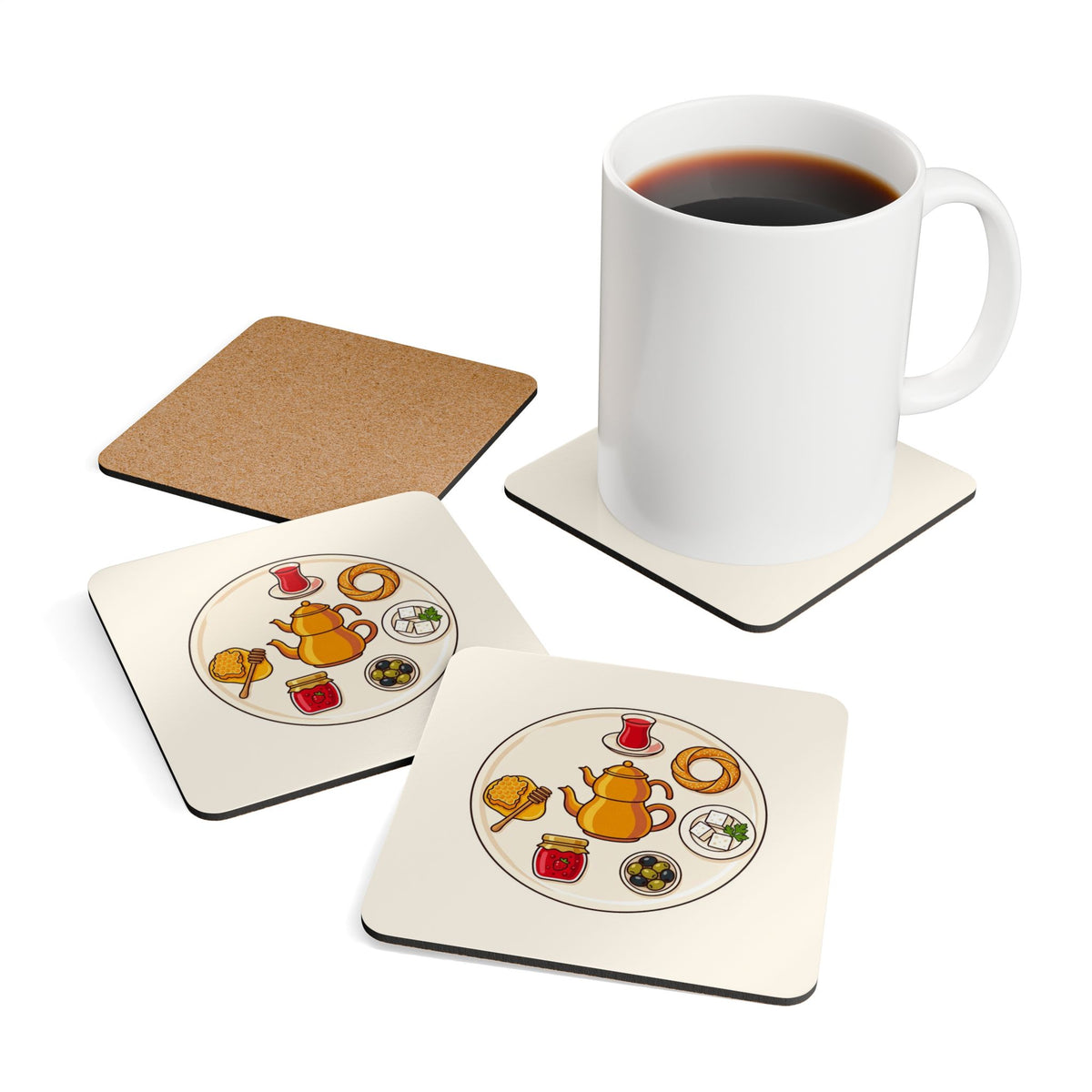 Turkish Breakfast Table Cork-Back Coaster Set, 4 Pieces, Roots & Talks - product photo 4