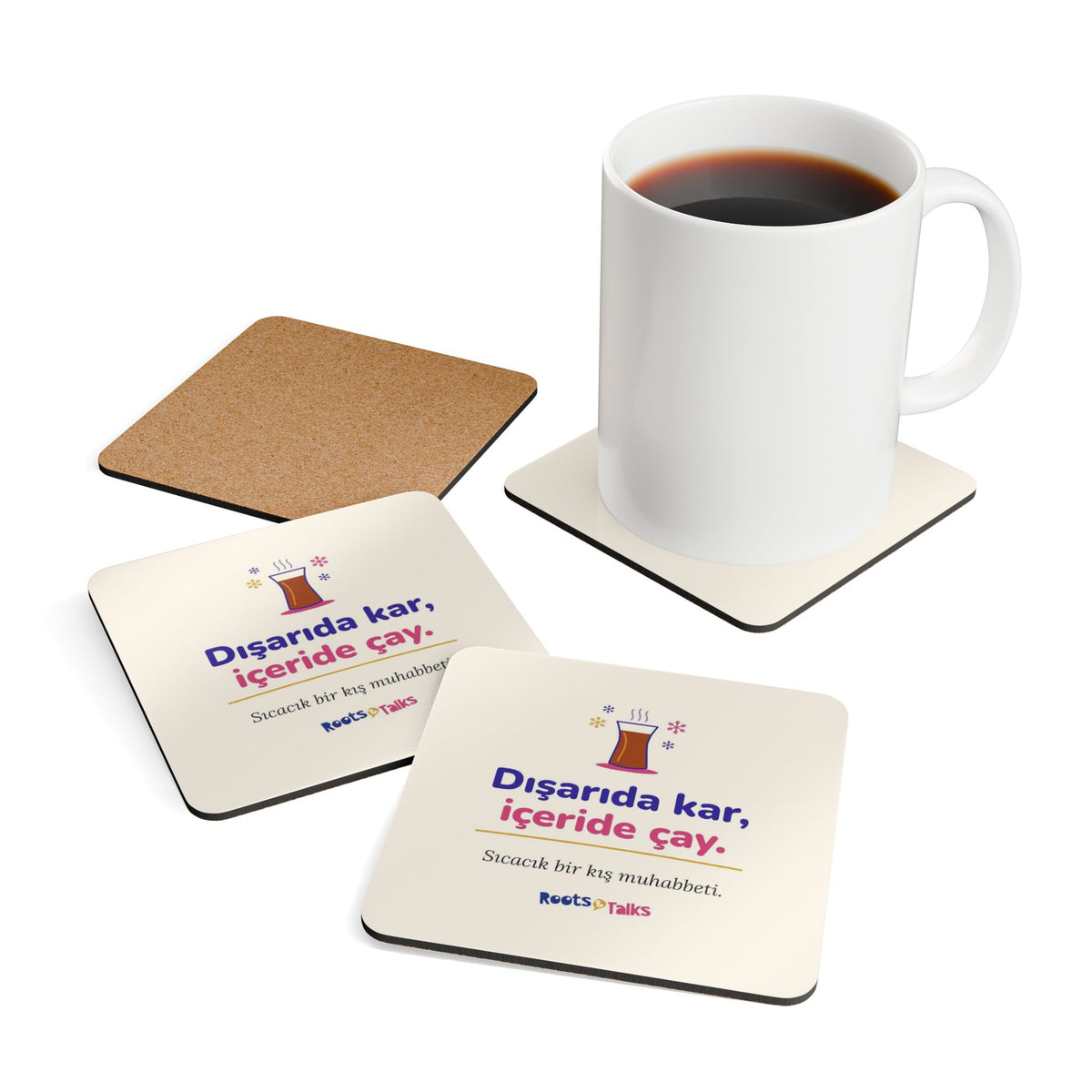 Dışarıda Kar, İçeride Çay Cork-Back Coaster Set, 4 Pieces, Roots & Talks - product photo 4