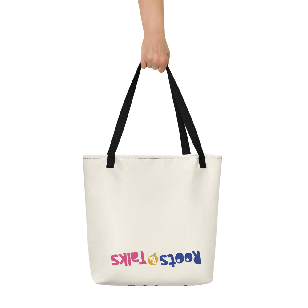 All the Characters Together Large Tote Bag with Pocket, Large Print, Roots & Talks - lifestyle photo 1