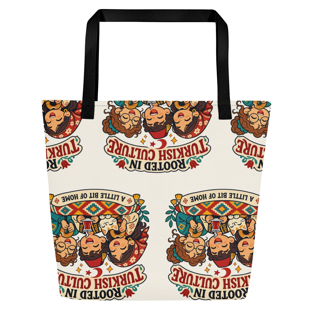 Rooted in Turkish Culture All-Over Print Large Tote Bag with Pocket, Roots & Talks - Back
