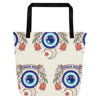 Nazar Değmesin All-Over Print Large Tote Bag with Pocket, Roots & Talks - Back