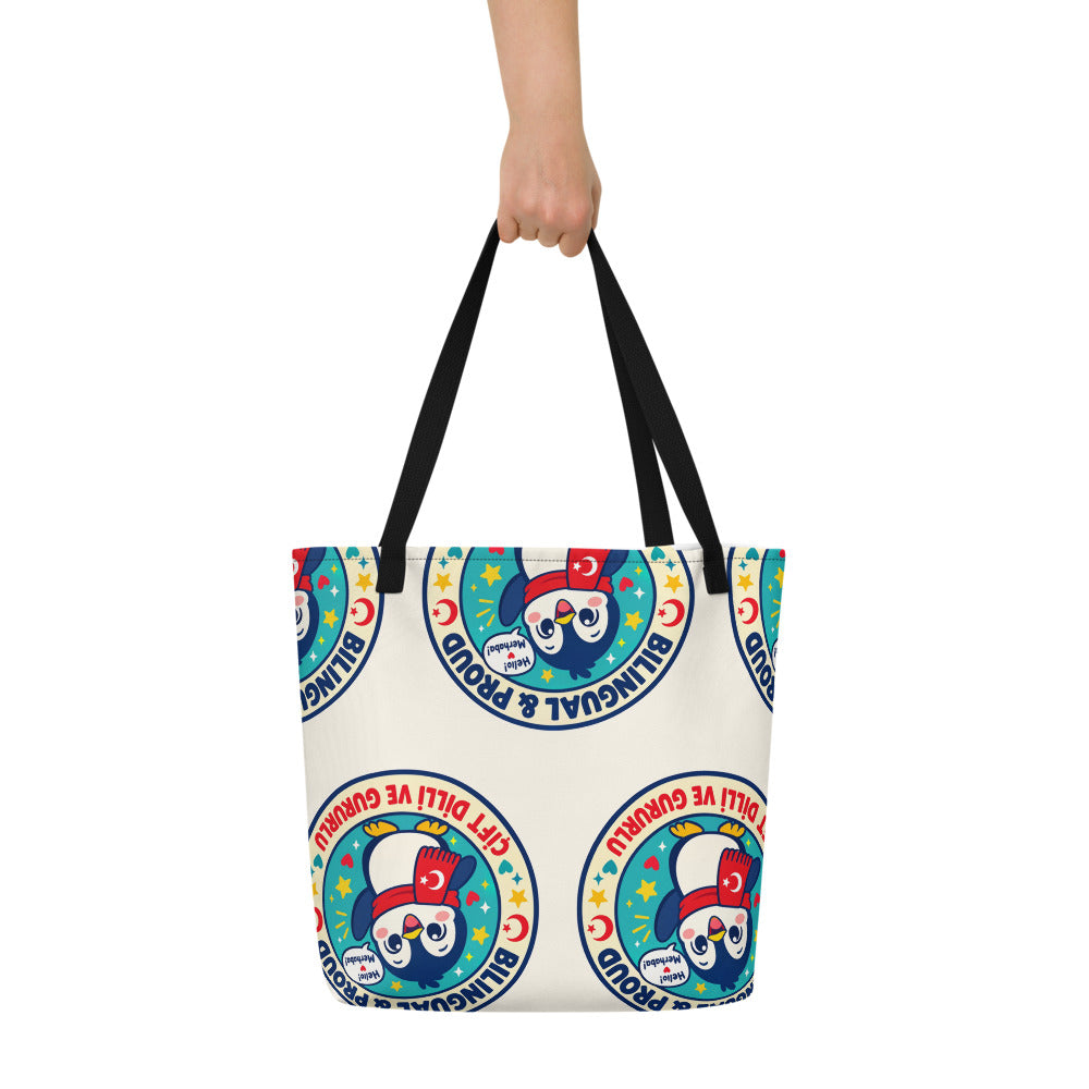 Bilingual & Proud All-Over Print Large Tote Bag with Pocket, Roots & Talks - lifestyle photo 1