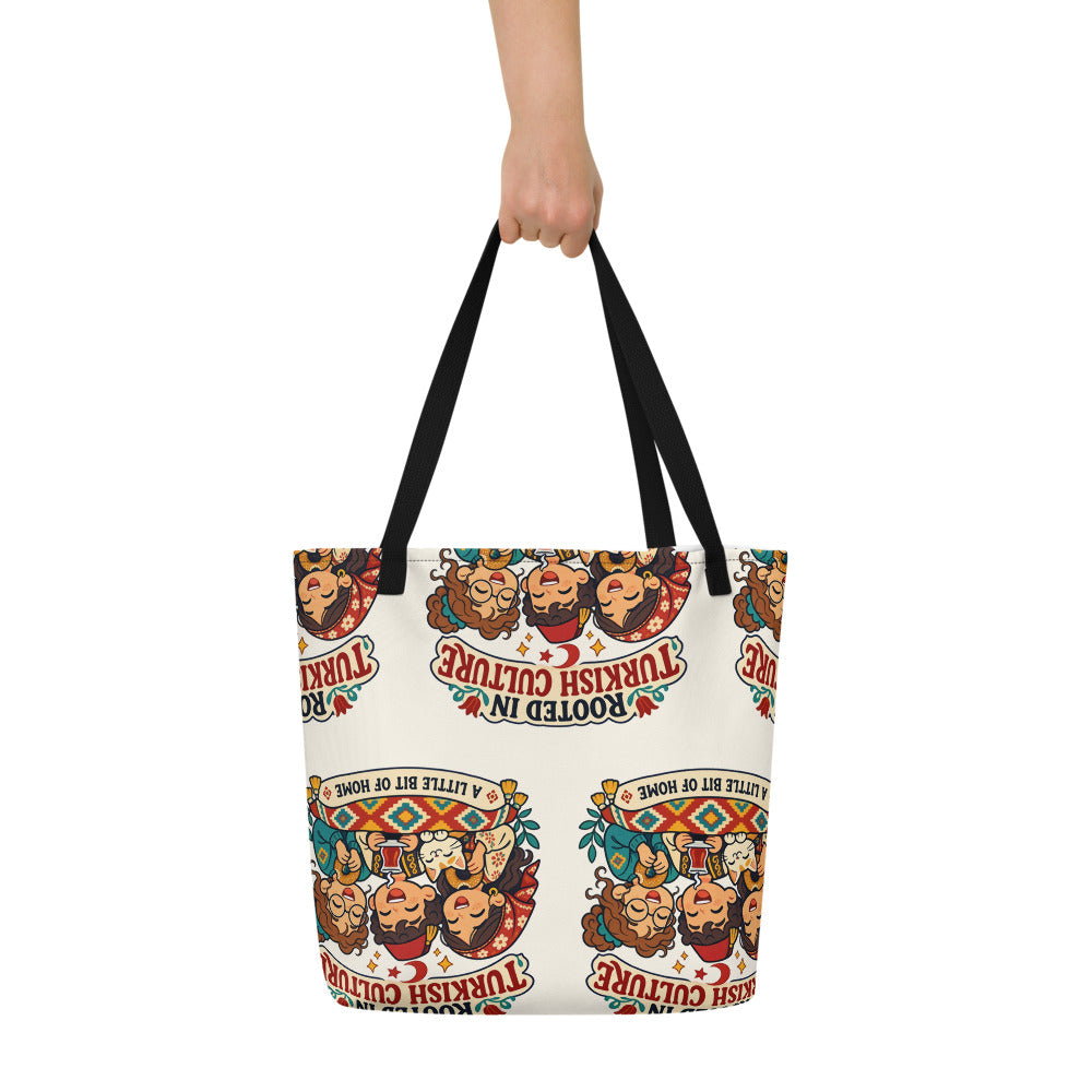 Rooted in Turkish Culture All-Over Print Large Tote Bag with Pocket, Roots & Talks - lifestyle photo 1