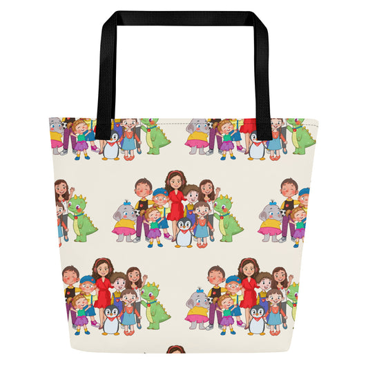 All the Characters Together All-Over Print Large Tote Bag with Pocket, Roots & Talks - product photo