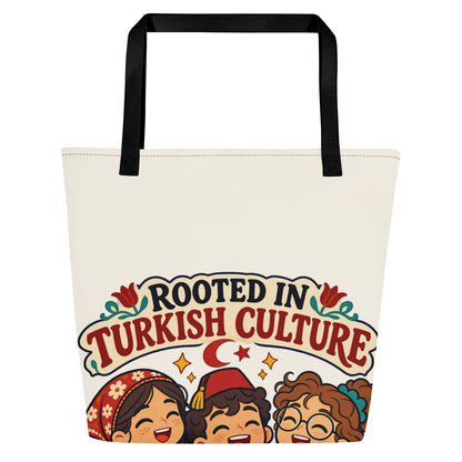 Rooted in Turkish Culture Large Tote Bag with Pocket, Large Print, Roots & Talks - product photo