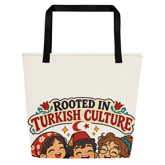 Rooted in Turkish Culture Large Tote Bag with Pocket, Large Print, Roots & Talks - product photo