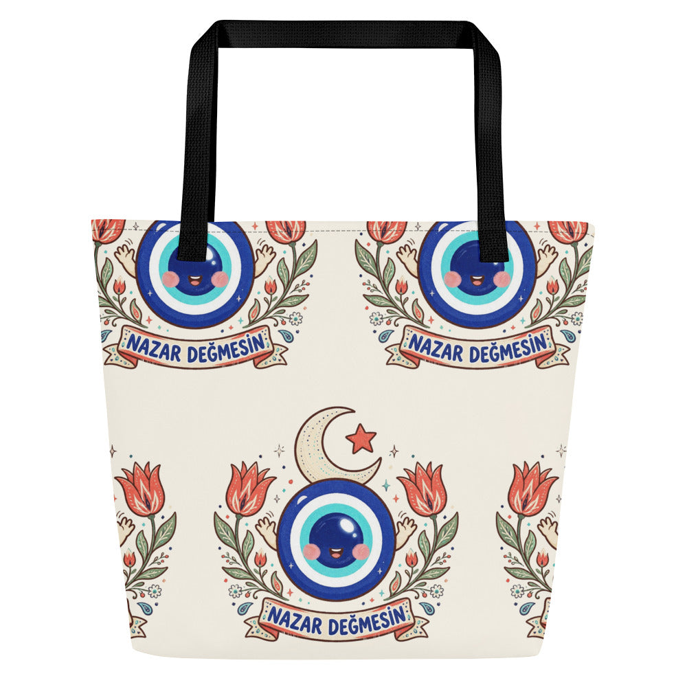 Nazar Değmesin All-Over Print Large Tote Bag with Pocket, Roots & Talks - product photo