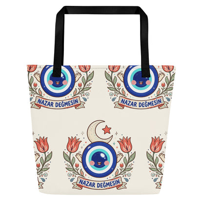 Nazar Değmesin All-Over Print Large Tote Bag with Pocket, Roots & Talks - product photo