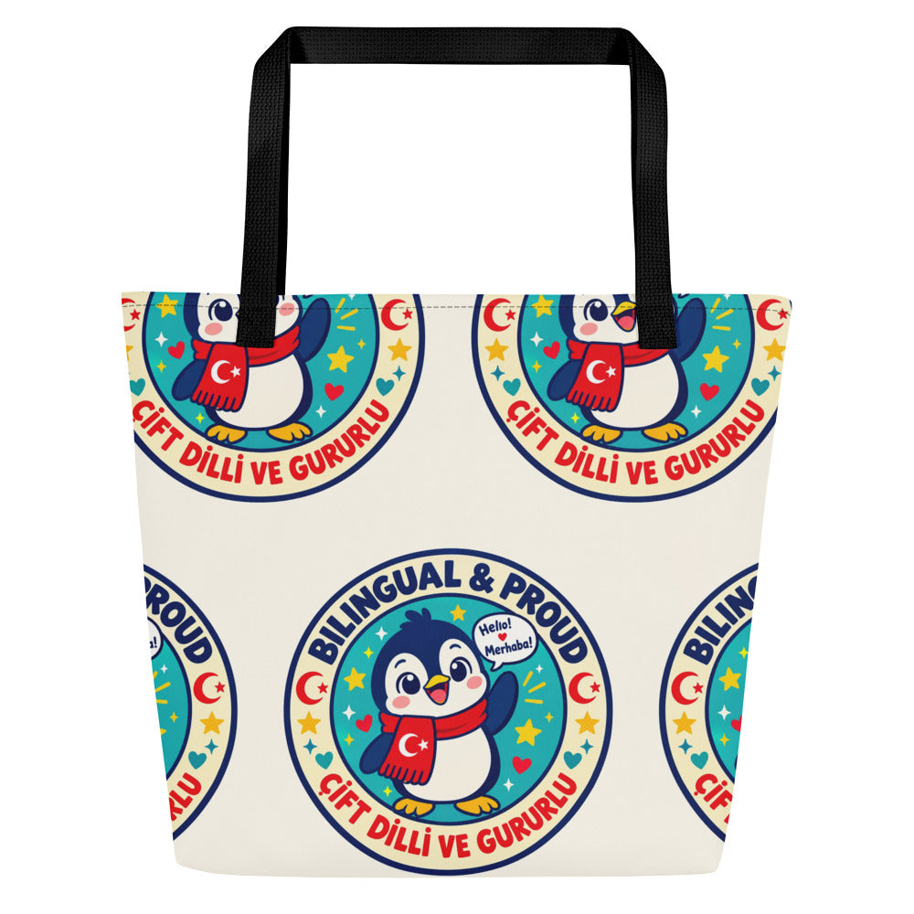 Bilingual & Proud All-Over Print Large Tote Bag with Pocket, Roots & Talks - product photo