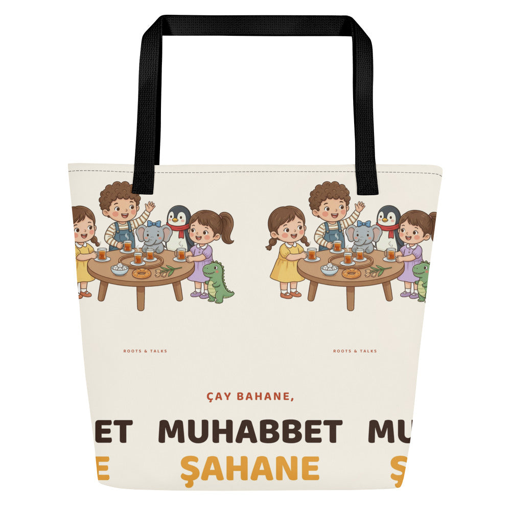 Çay Bahane, Muhabbet Şahane All-Over Print Large Tote Bag with Pocket, Roots & Talks - product photo