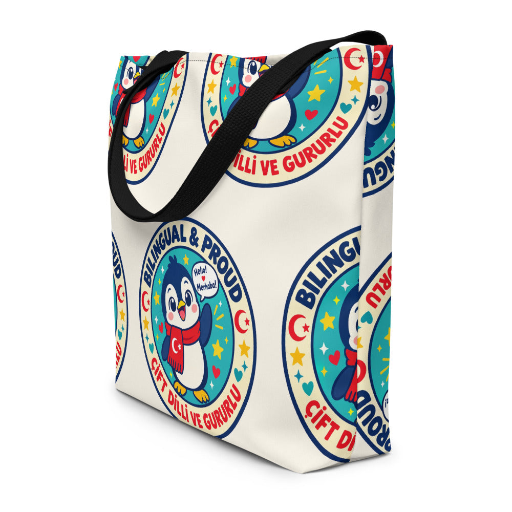 Bilingual & Proud All-Over Print Large Tote Bag with Pocket, Roots & Talks - lifestyle photo 2