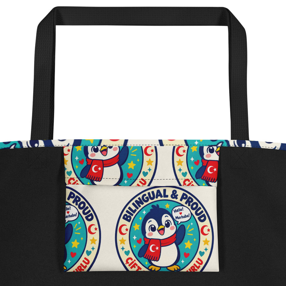 Bilingual & Proud All-Over Print Large Tote Bag with Pocket, Roots & Talks - product photo