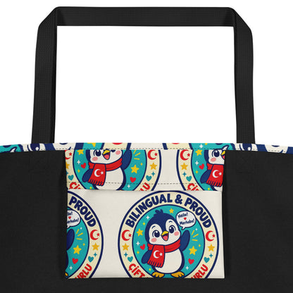Bilingual & Proud All-Over Print Large Tote Bag with Pocket, Roots & Talks - product photo
