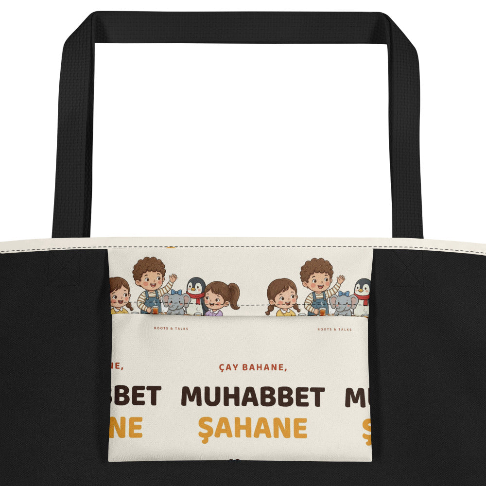 Çay Bahane, Muhabbet Şahane All-Over Print Large Tote Bag with Pocket, Roots & Talks - product photo