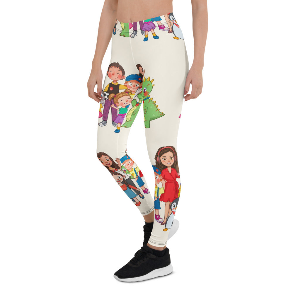 All the Characters Together All-Over Print Leggings, Roots & Talks - Left Front