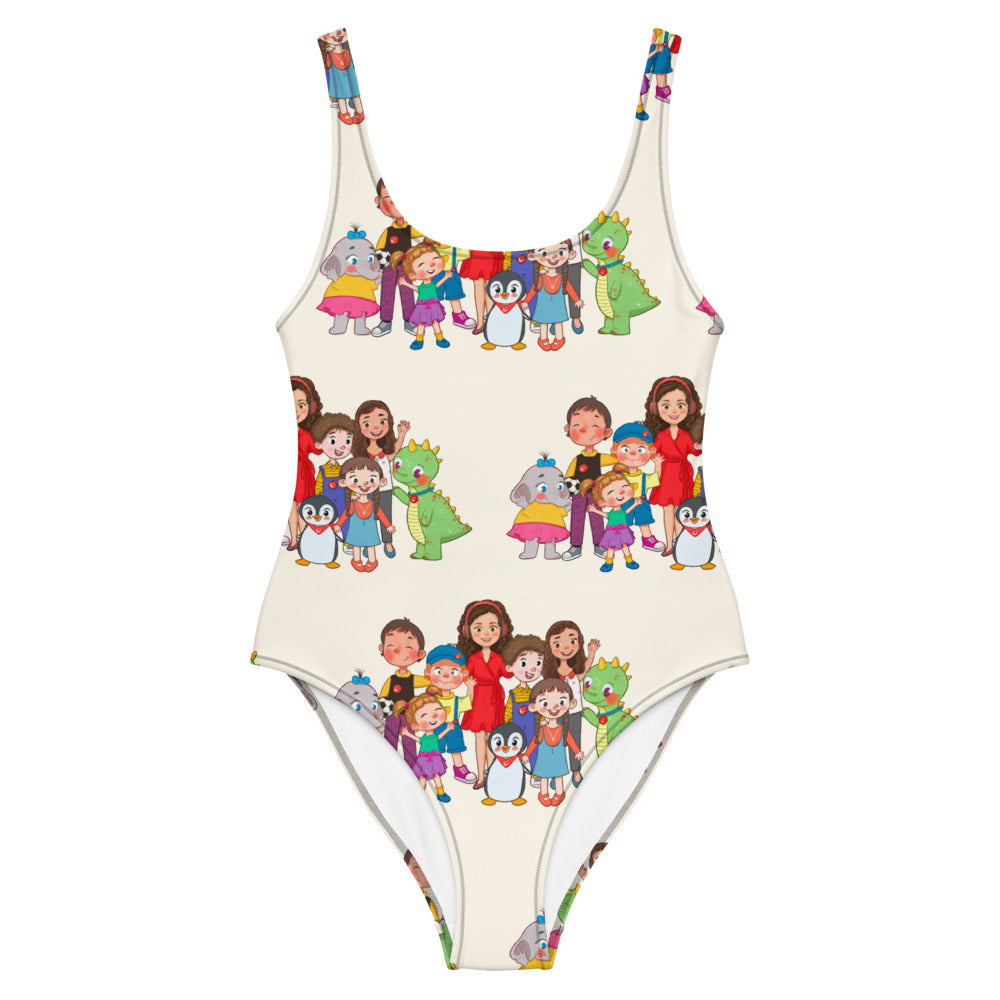 All the Characters Together All-Over Print One-Piece Swimsuit, Roots & Talks - Front
