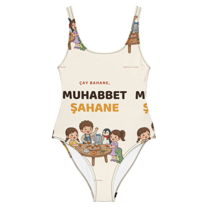 Çay Bahane, Muhabbet Şahane All-Over Print One-Piece Swimsuit, Roots & Talks - Front