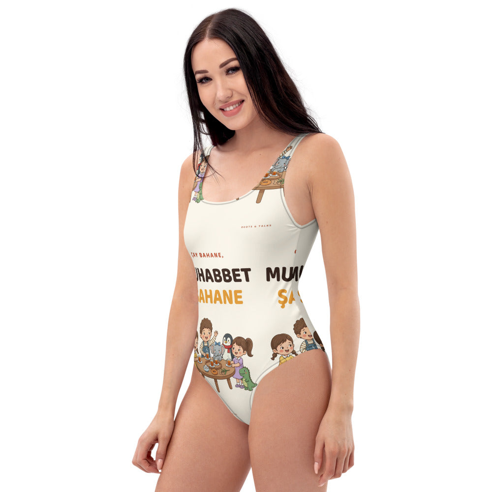 Çay Bahane, Muhabbet Şahane All-Over Print One-Piece Swimsuit, Roots & Talks - Left