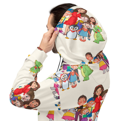 All the Characters Together All-Over Print Recycled Unisex Hoodie, Roots & Talks - lifestyle photo 3