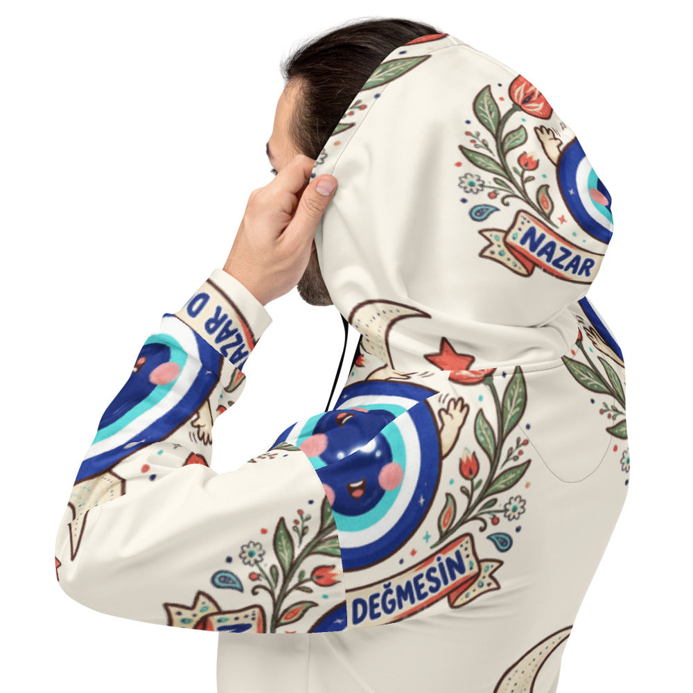 Nazar Değmesin All-Over Print Recycled Unisex Hoodie, Roots & Talks - lifestyle photo 3