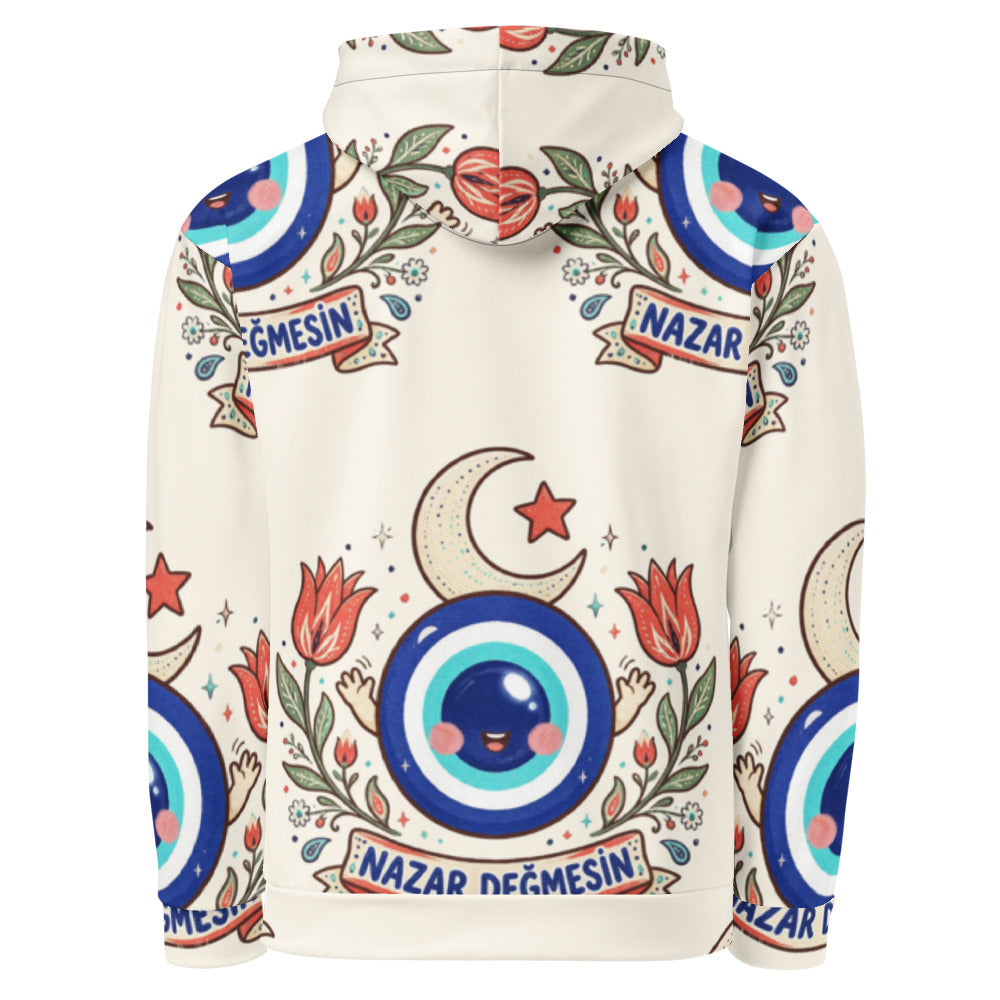 Nazar Değmesin All-Over Print Recycled Unisex Hoodie, Roots & Talks - product photo