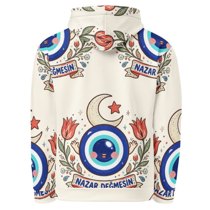 Nazar Değmesin All-Over Print Recycled Unisex Hoodie, Roots & Talks - product photo