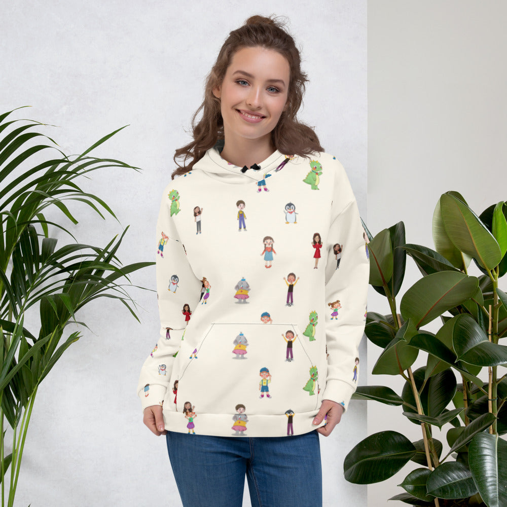 Roots & Talks Characters All-Over Print Recycled Unisex Hoodie - lifestyle photo 2