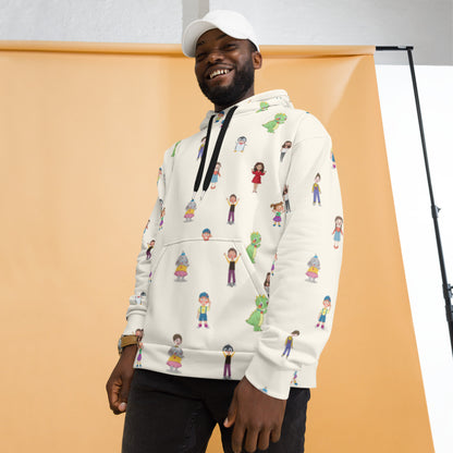 Roots & Talks Characters All-Over Print Recycled Unisex Hoodie - lifestyle photo 1